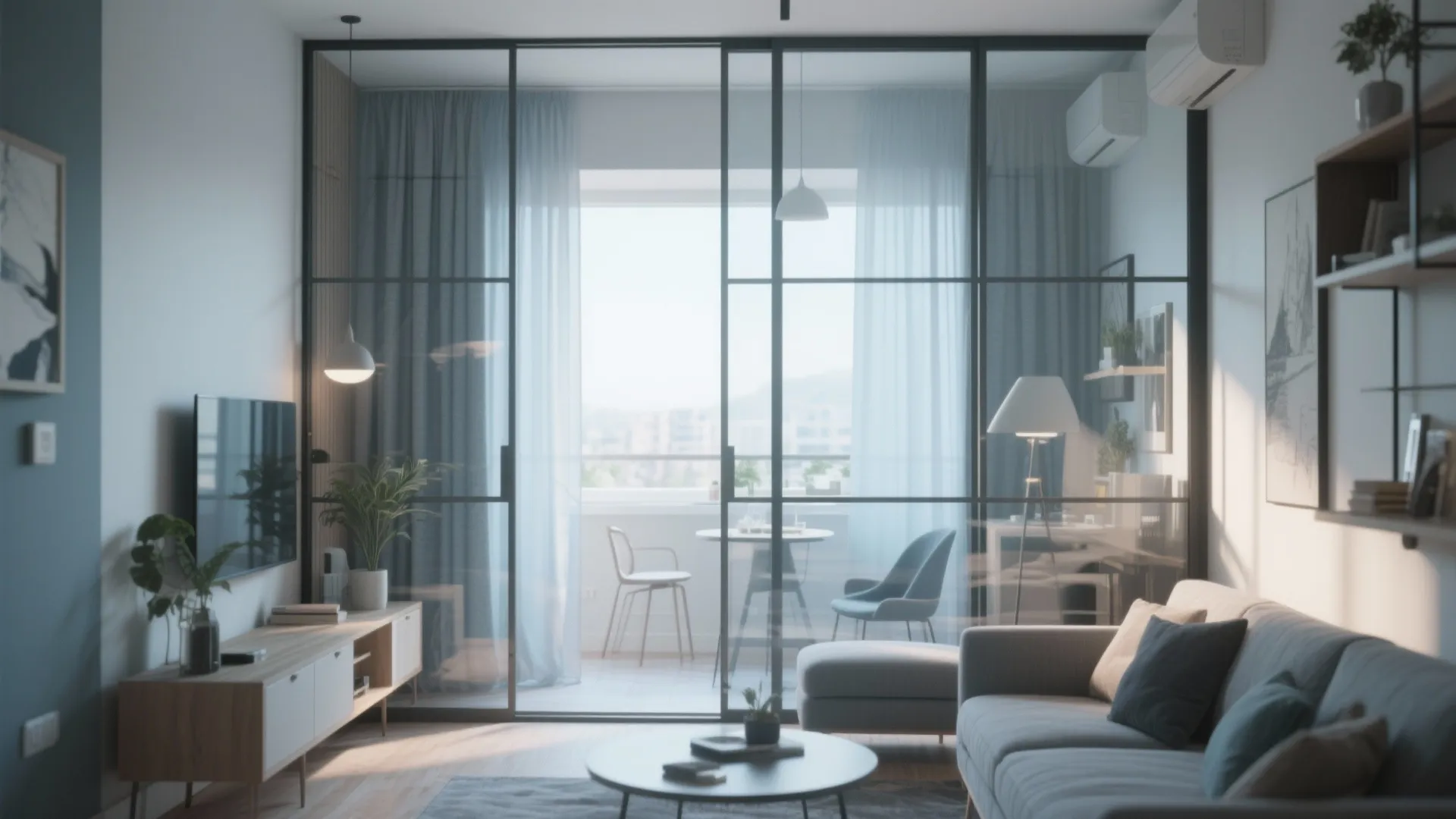 Modern living room with glass sliding doors leading to a balcony and a grey sofa