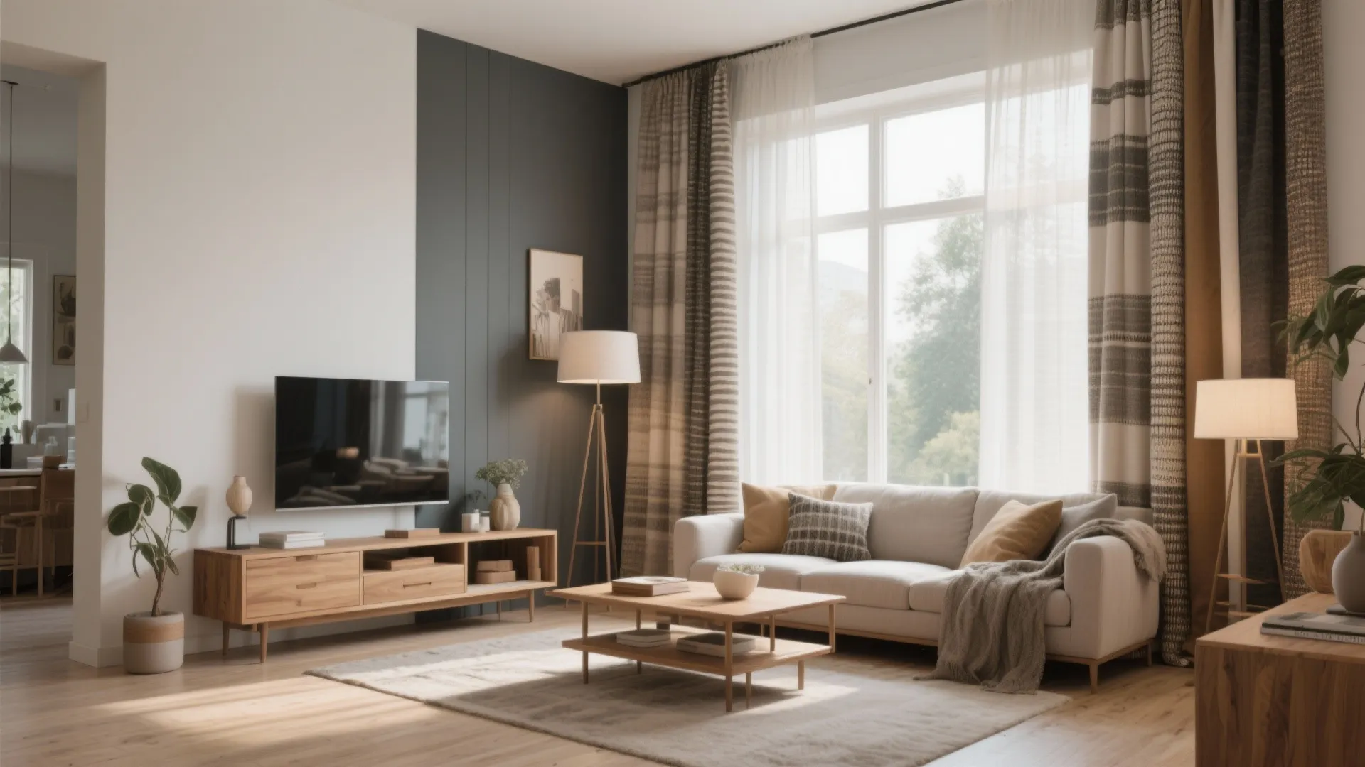 Living room interior design drawing with patterned curtains white sofa wooden cabinet and floor lamps