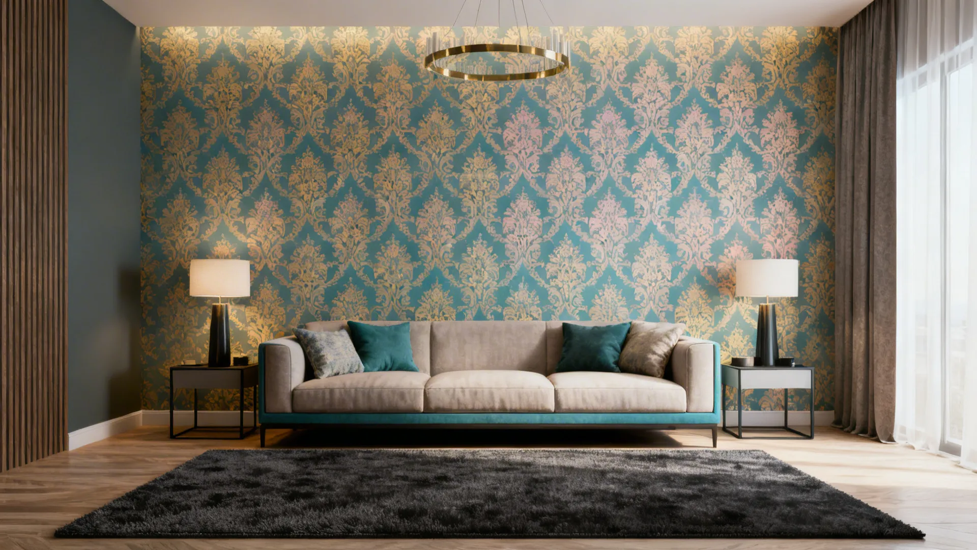 Living room with modern-colored damask wallpaper in muted teal and soft gold behind a contemporary sofa.