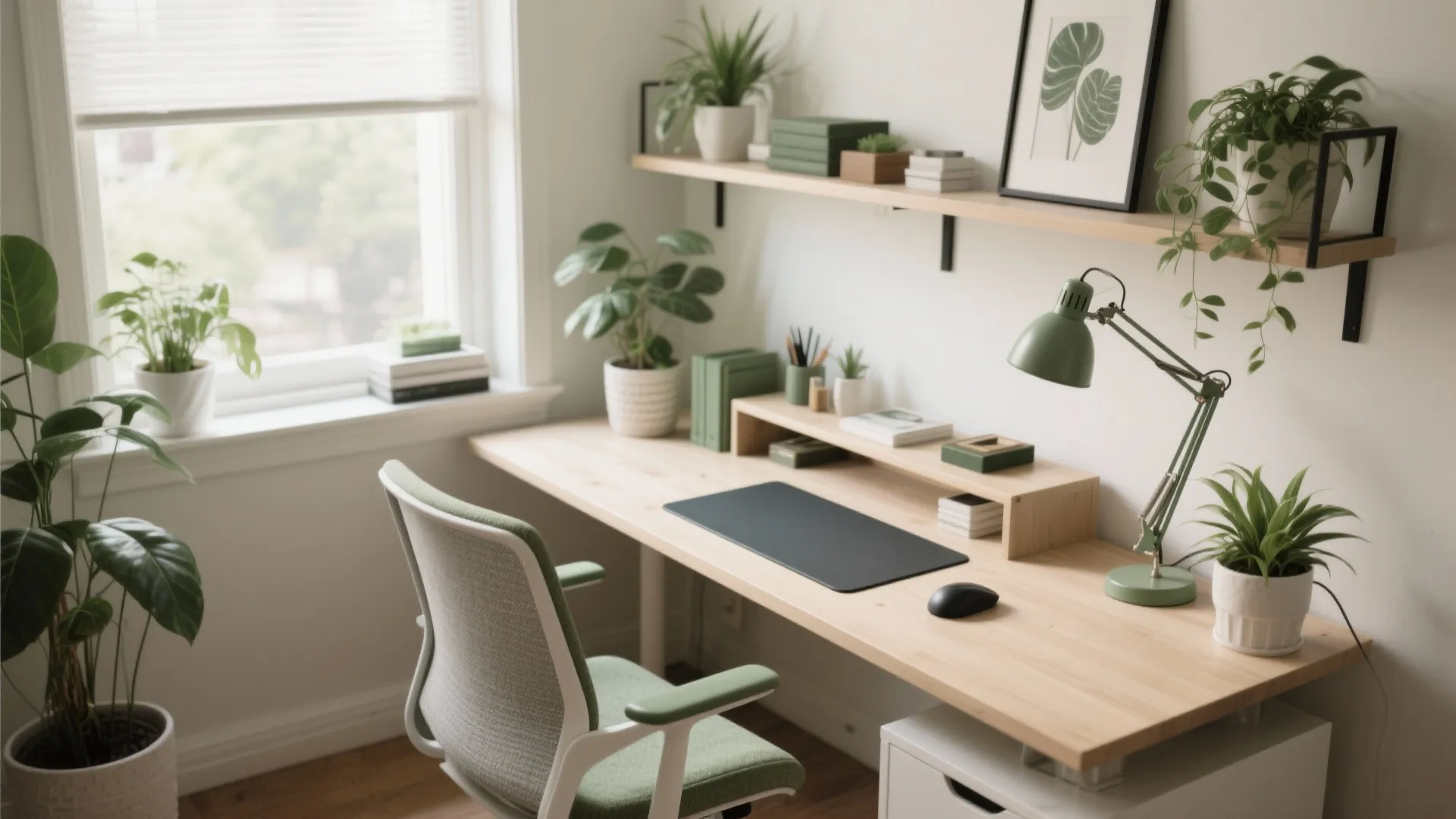 Modern wooden desk setup with green office chair potted plants wall shelf and desk light fixture