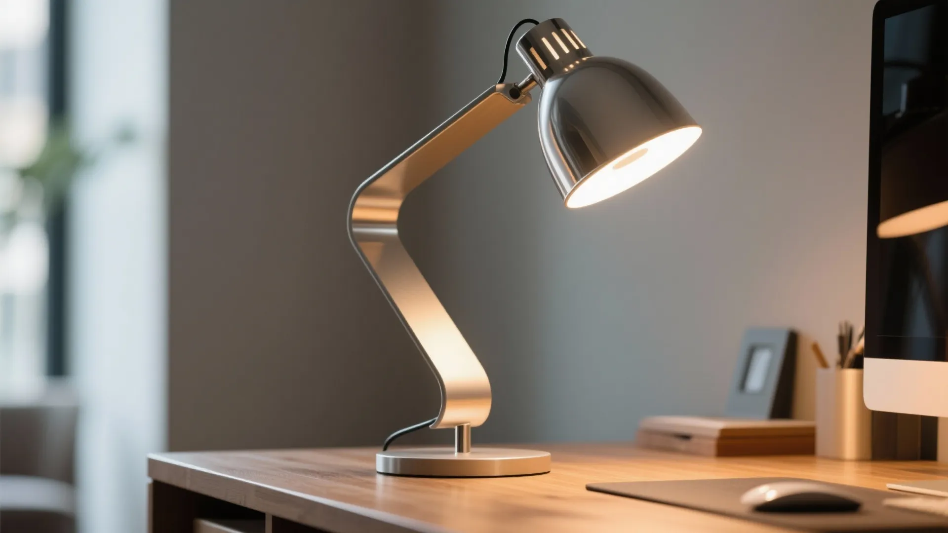Sleek silver desk lamp lighting a wooden work surface with computer mouse and office supplies