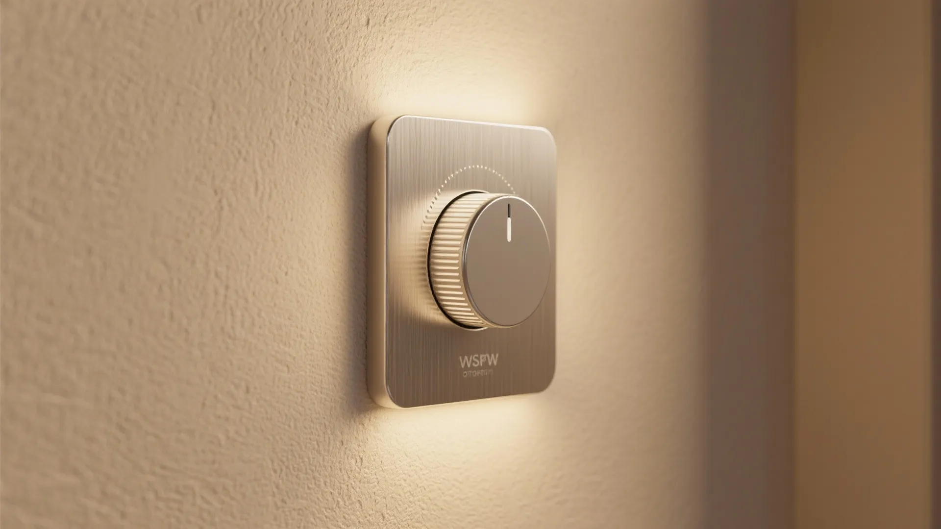 Close-up of a modern dimmer switch on beige wall