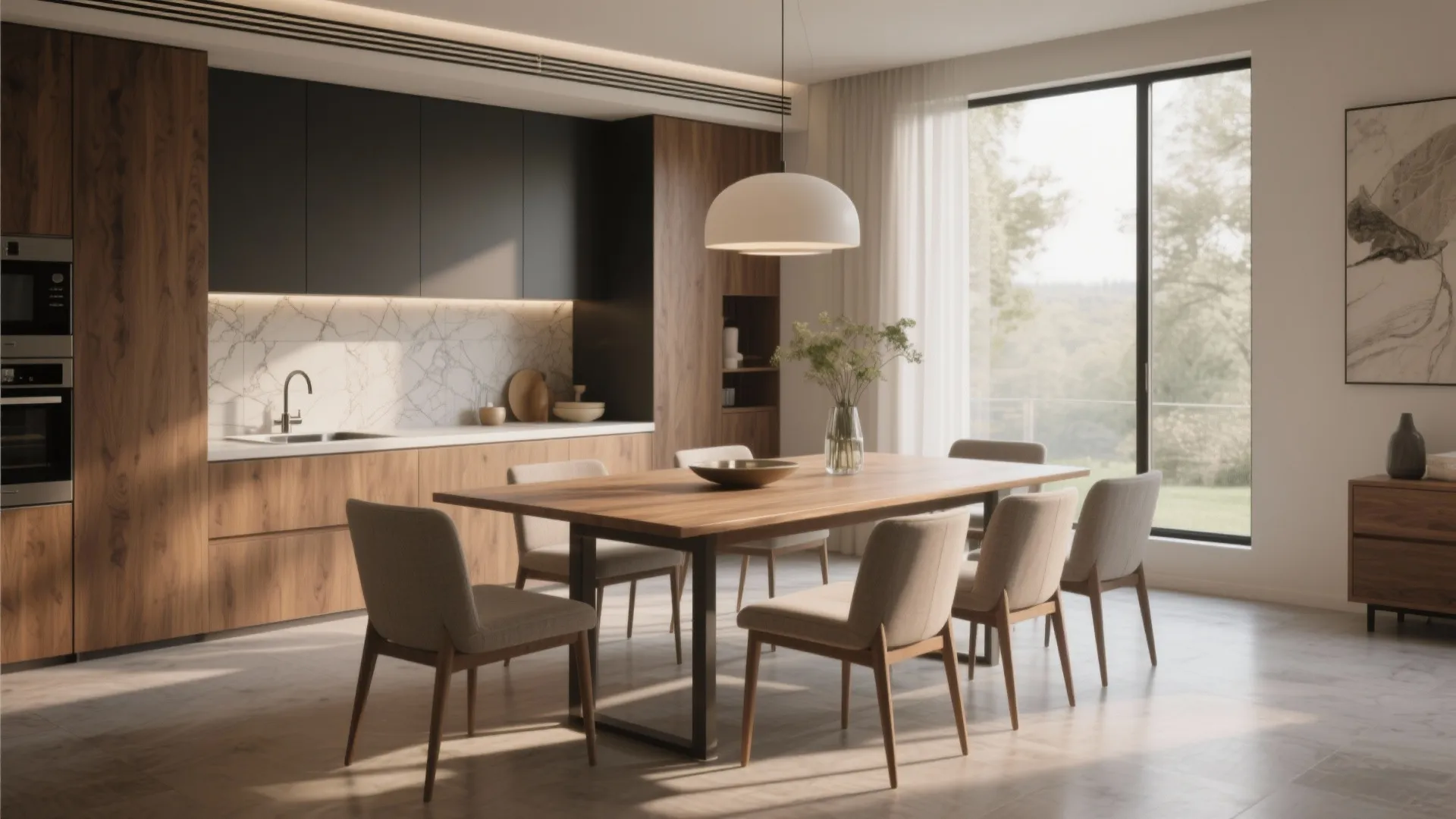 Modern dining room with wooden table and chairs plus kitchen area with white ceiling light