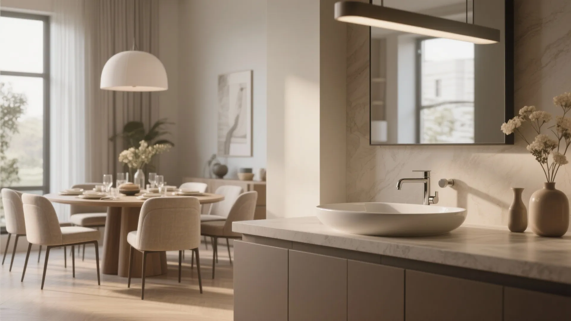 Modern bathroom cabinet with white countertop basin and mirror next to a wooden dining area