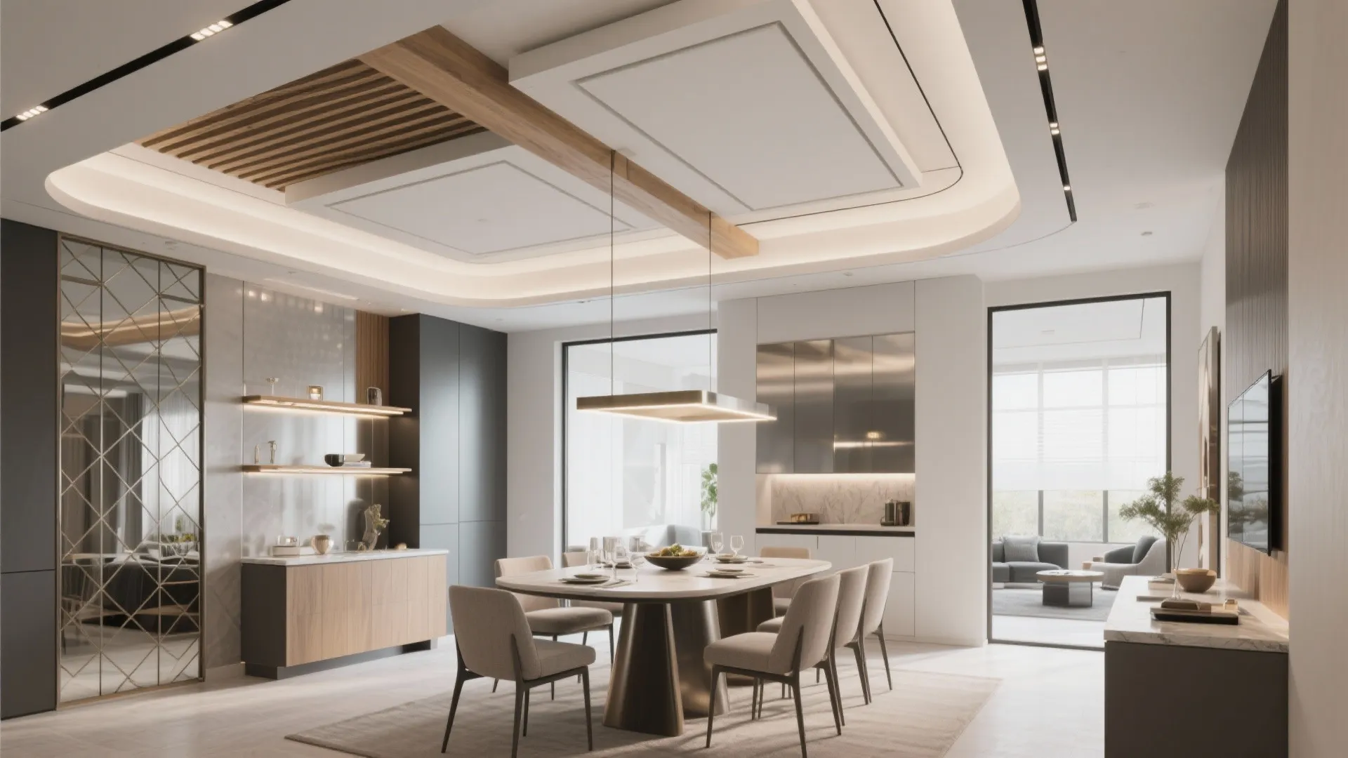 Modern luxury dining room with decorative ceiling light fixture wooden beam and neutral color furniture design