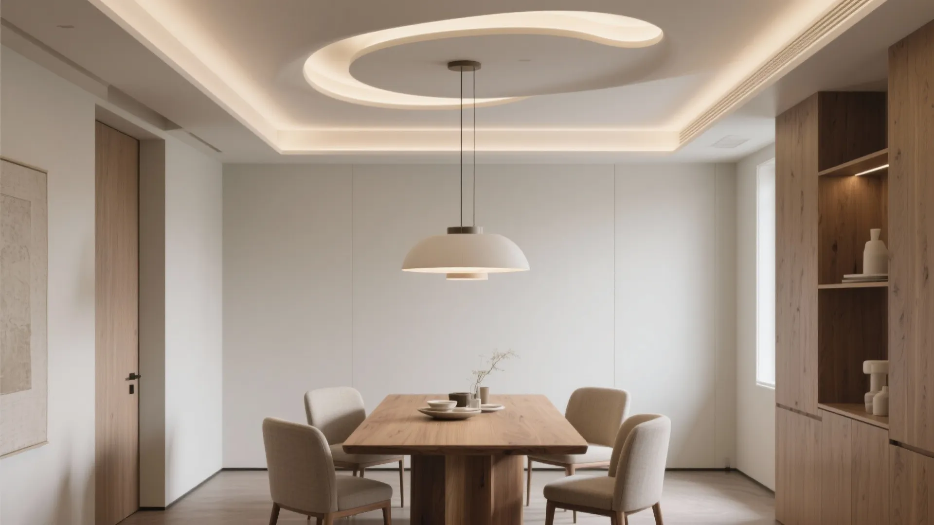 Minimalist dining room with wooden table, beige chairs, white ceiling light, and curved ceiling design