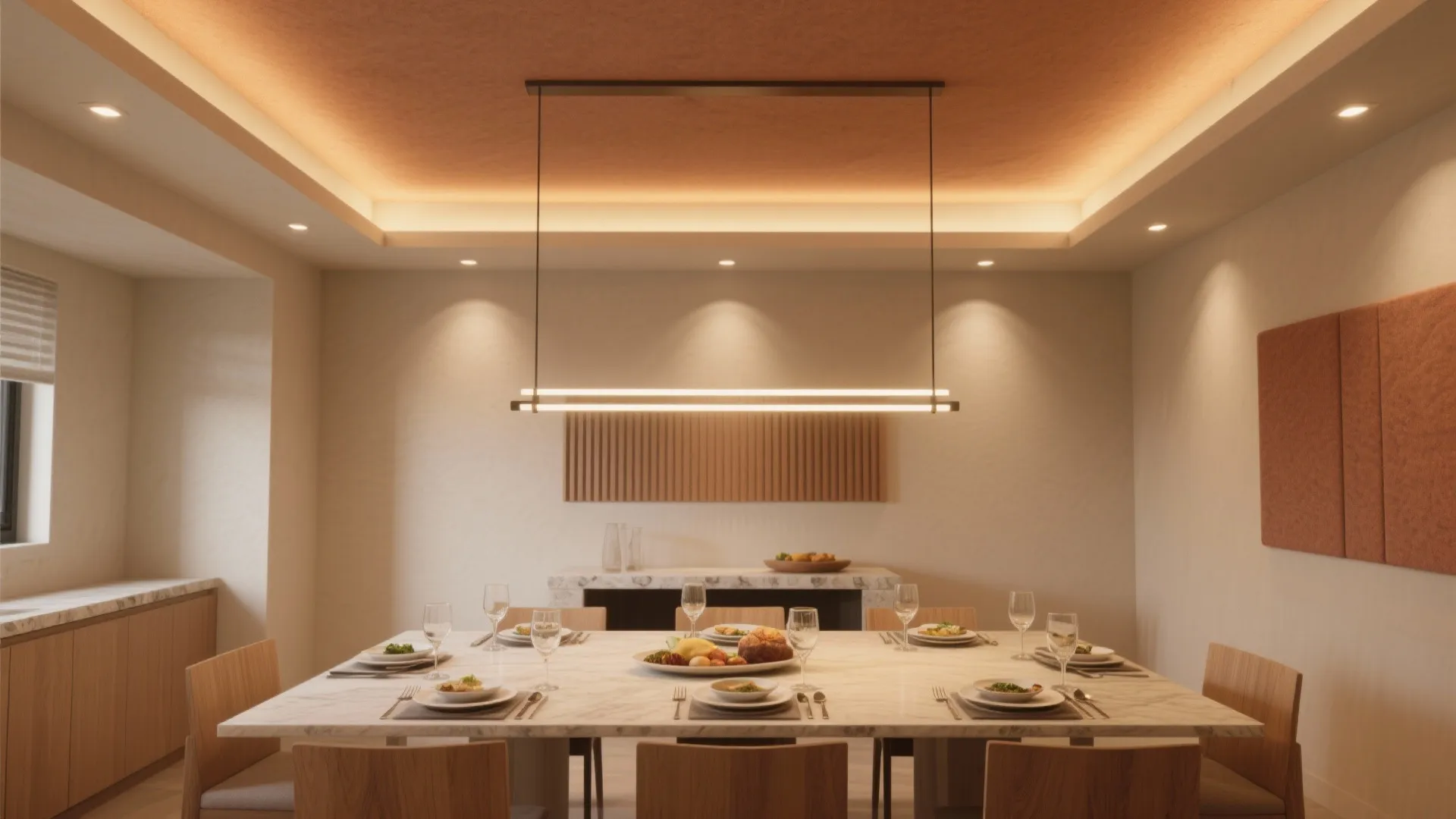 Modern dining room featuring long marble table wooden chairs linear ceiling light and warm lighting