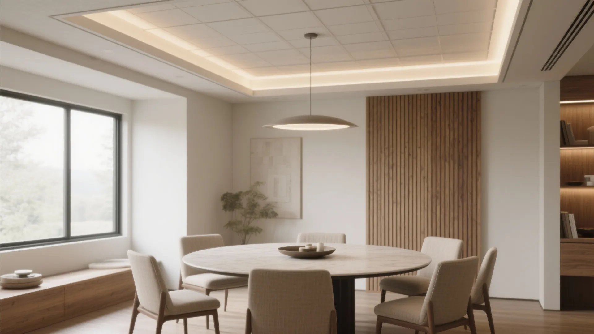 Bright dining area with marble table beige chairs wood wall panels and modern round ceiling light