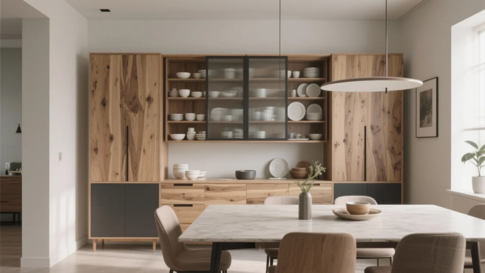 Modern dining room featuring large wooden cabinet for storage behind marble table and beige chairs