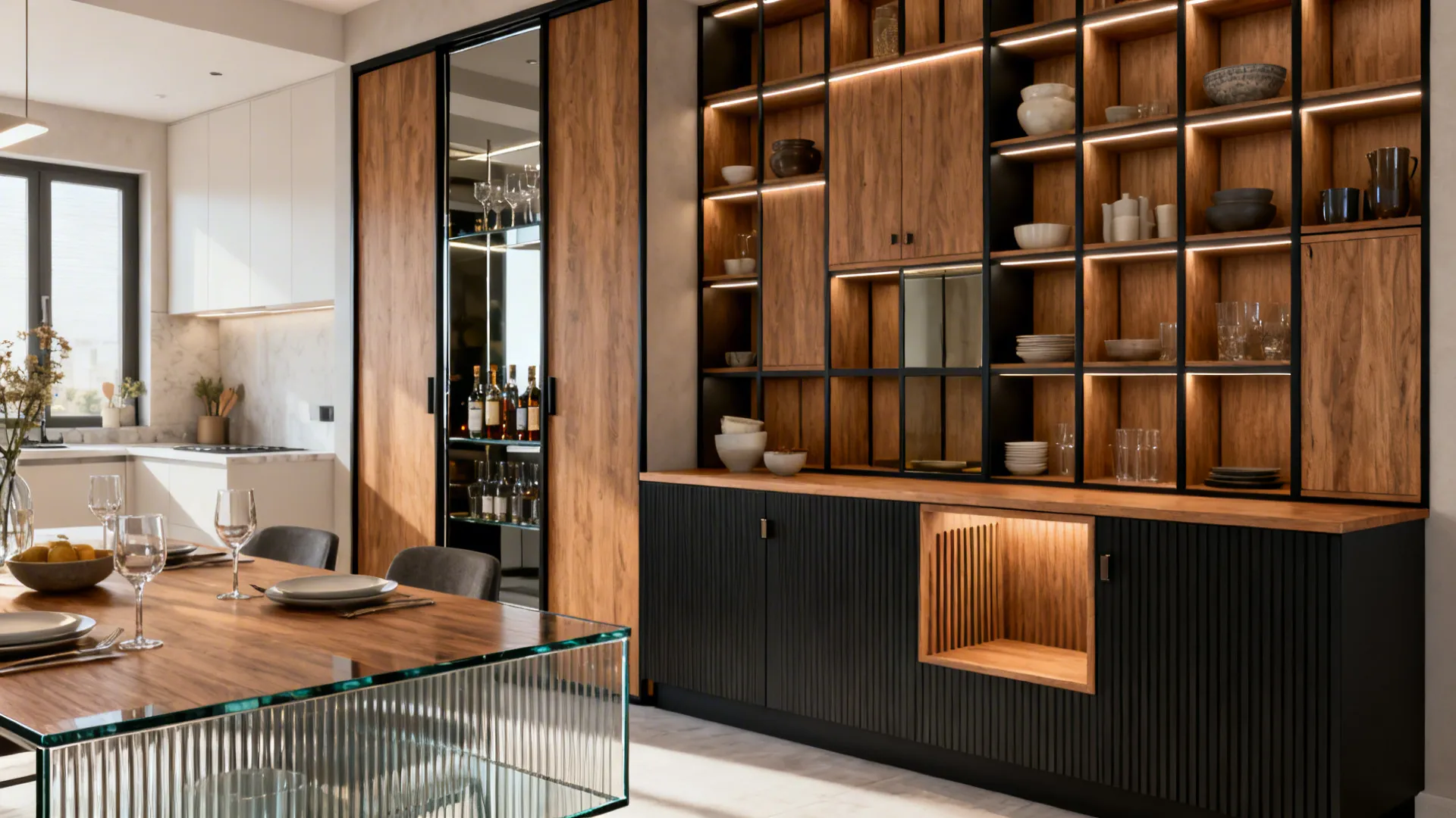 Modern dining area with wooden table and large storage cabinet featuring open shelves and lights
