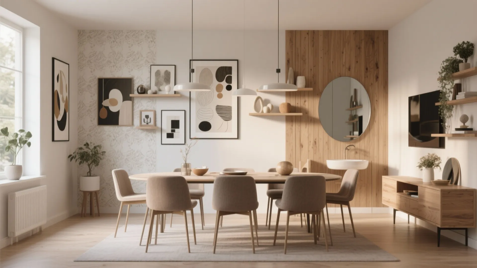 Bright dining area featuring oval wooden table, artwork gallery wall, round mirror, and wood panels