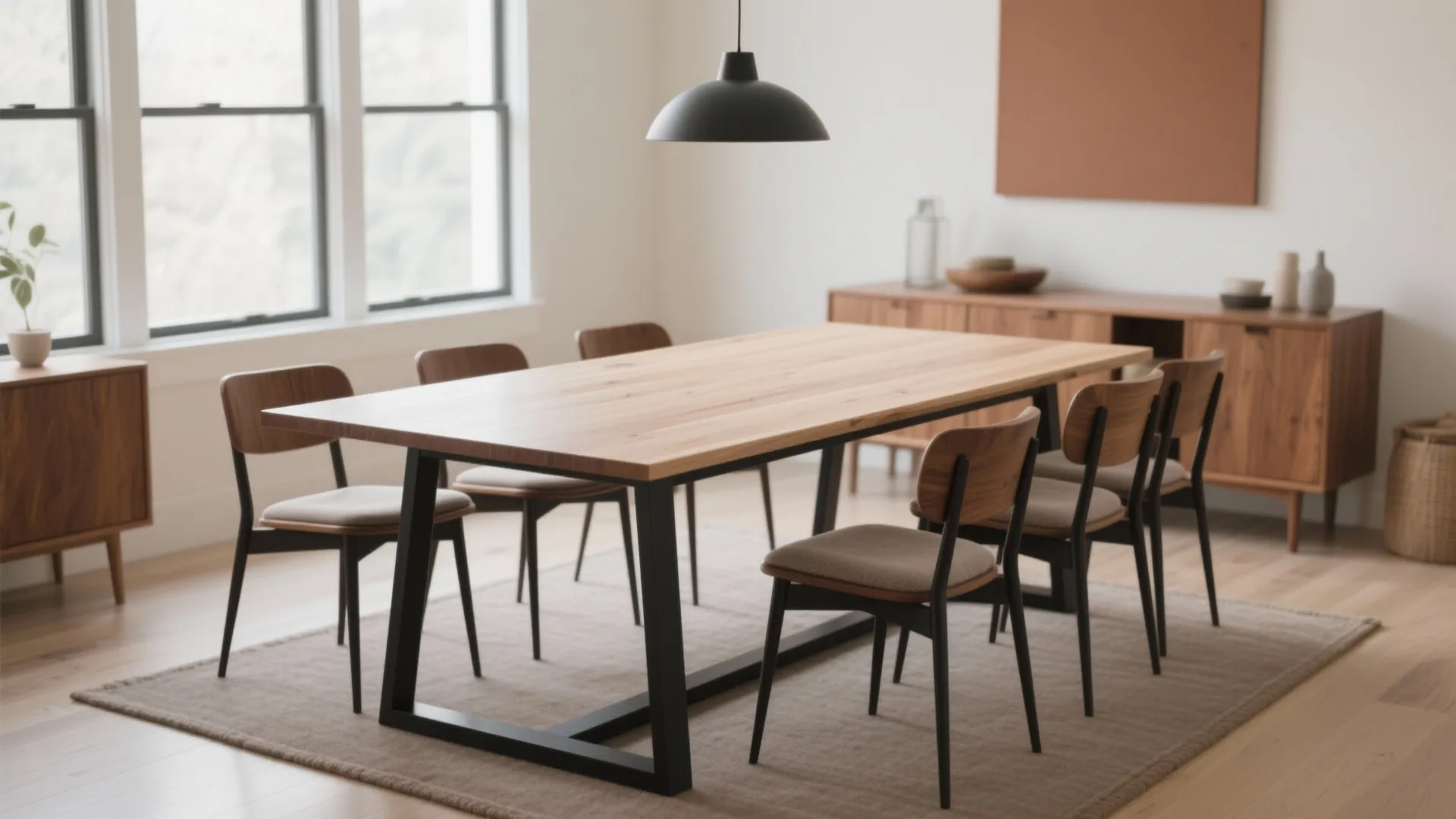 Modern dining room with wooden table, several chairs, black ceiling light, rug, cabinet, and windows