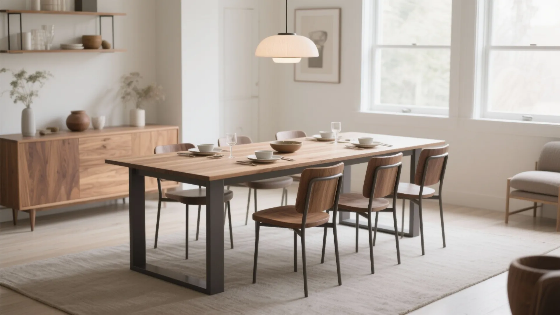 Modern dining room with wooden table chairs ceiling light white windows and a large cabinet