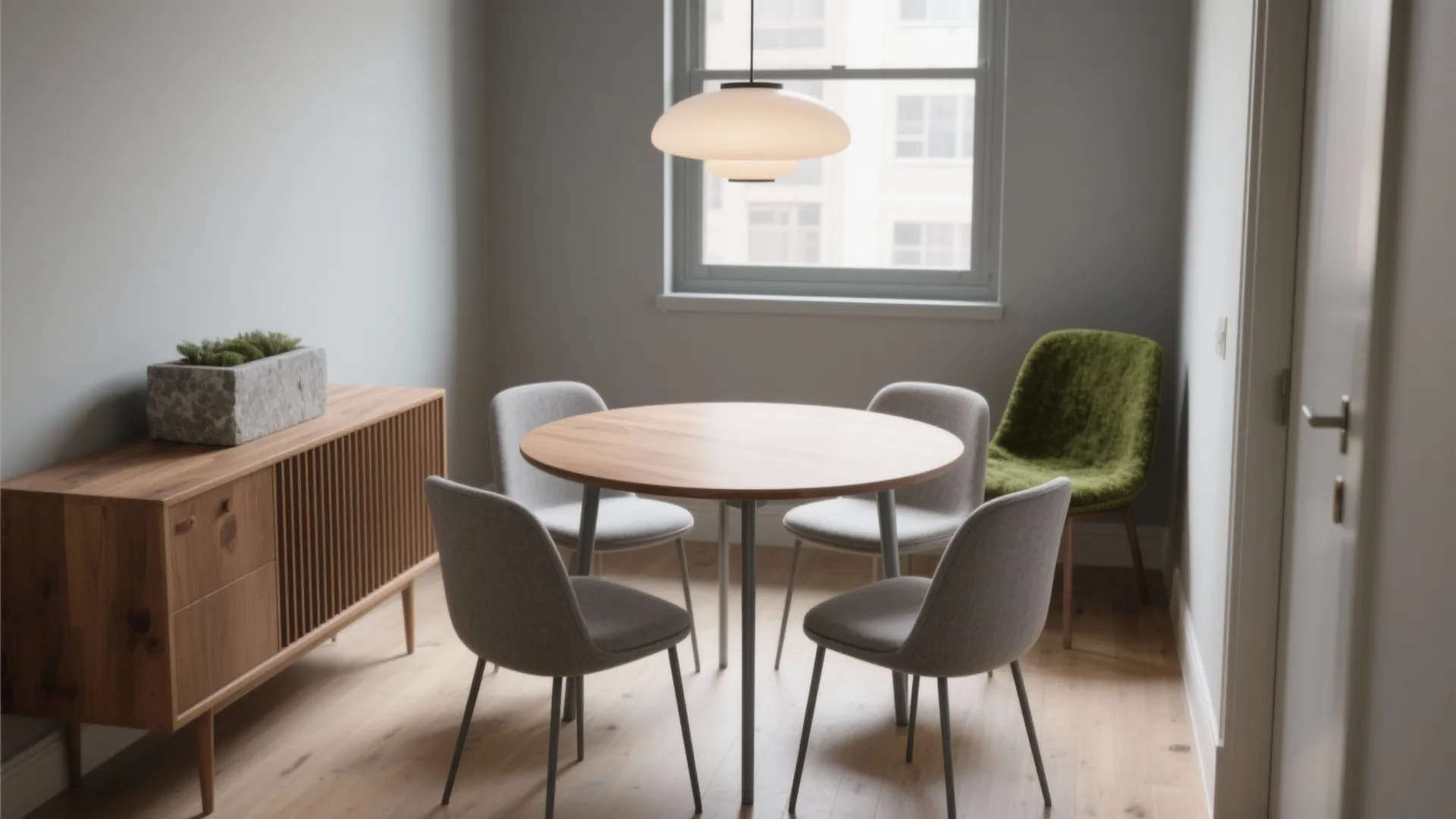 Modern dining room with round wood table grey chairs green chair wood cabinet and ceiling light