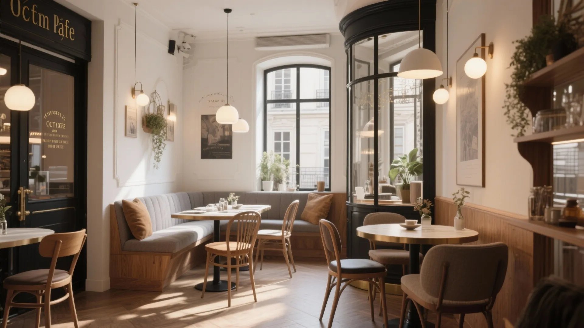 Cozy cafe interior with wooden tables chairs wall lights built-in bench and large curved window