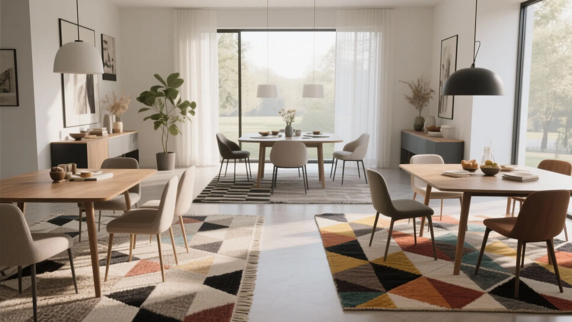 Modern bright dining room with wooden tables beige chairs colorful geometric rugs and large glass windows
