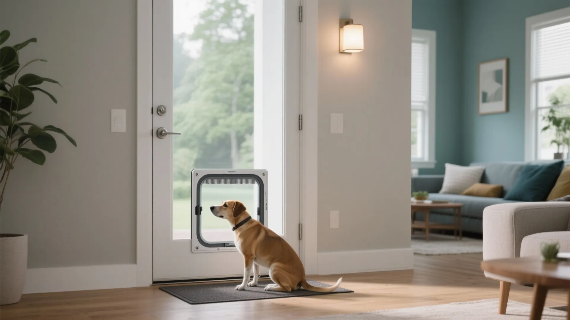 Small brown dog sitting on a mat looking through a dog door on white entry