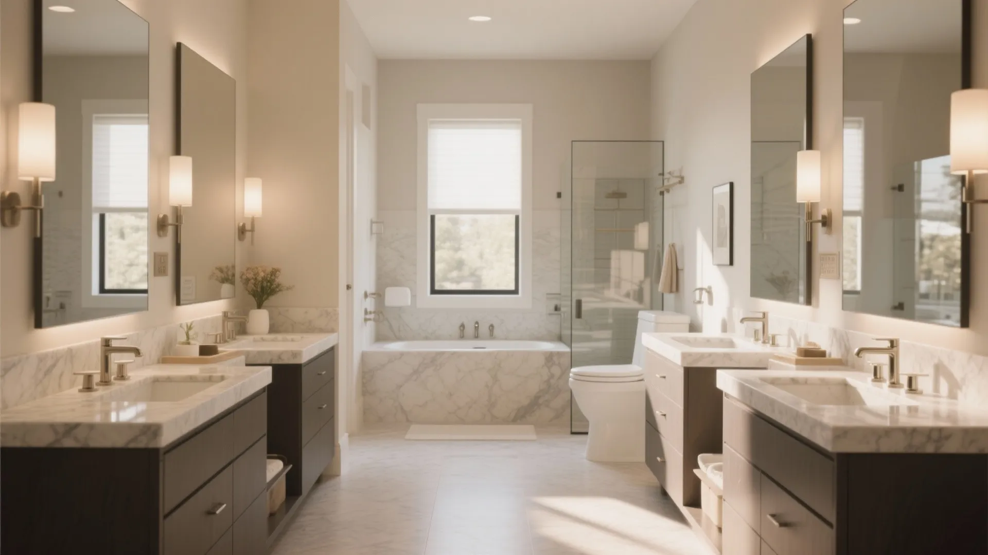 Bright master bathroom featuring two separate sink cabinets a marble bathtub and large wall lights