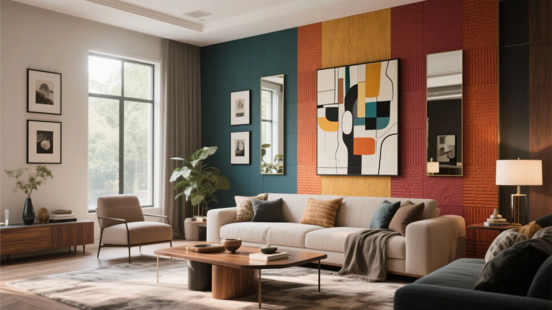 Colorful living room with textured wall panels plus abstract painting over white sofa and table