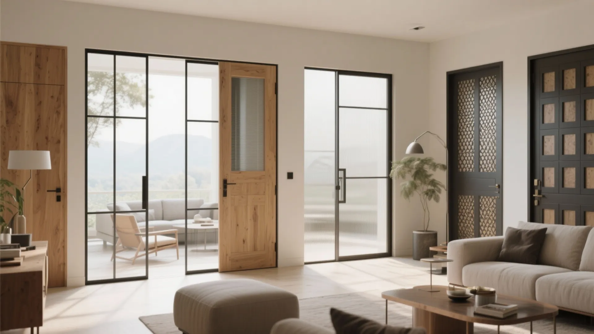 Living room with black frame glass doors wooden door beige sofa and balcony with mountain view
