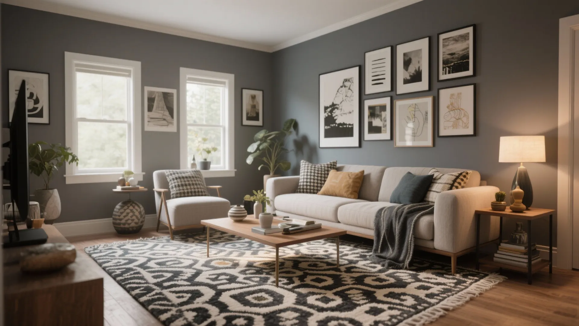 5. Modern Eclectic: Edgecomb Gray with Patterned Rugs and Art