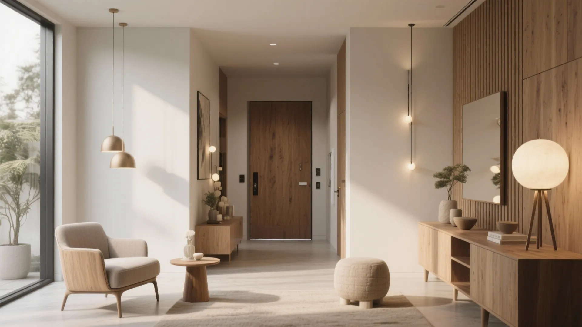 Modern entrance hall with wooden cabinet, soft footrest, armchair, ceiling lights, and minimalist wall decor