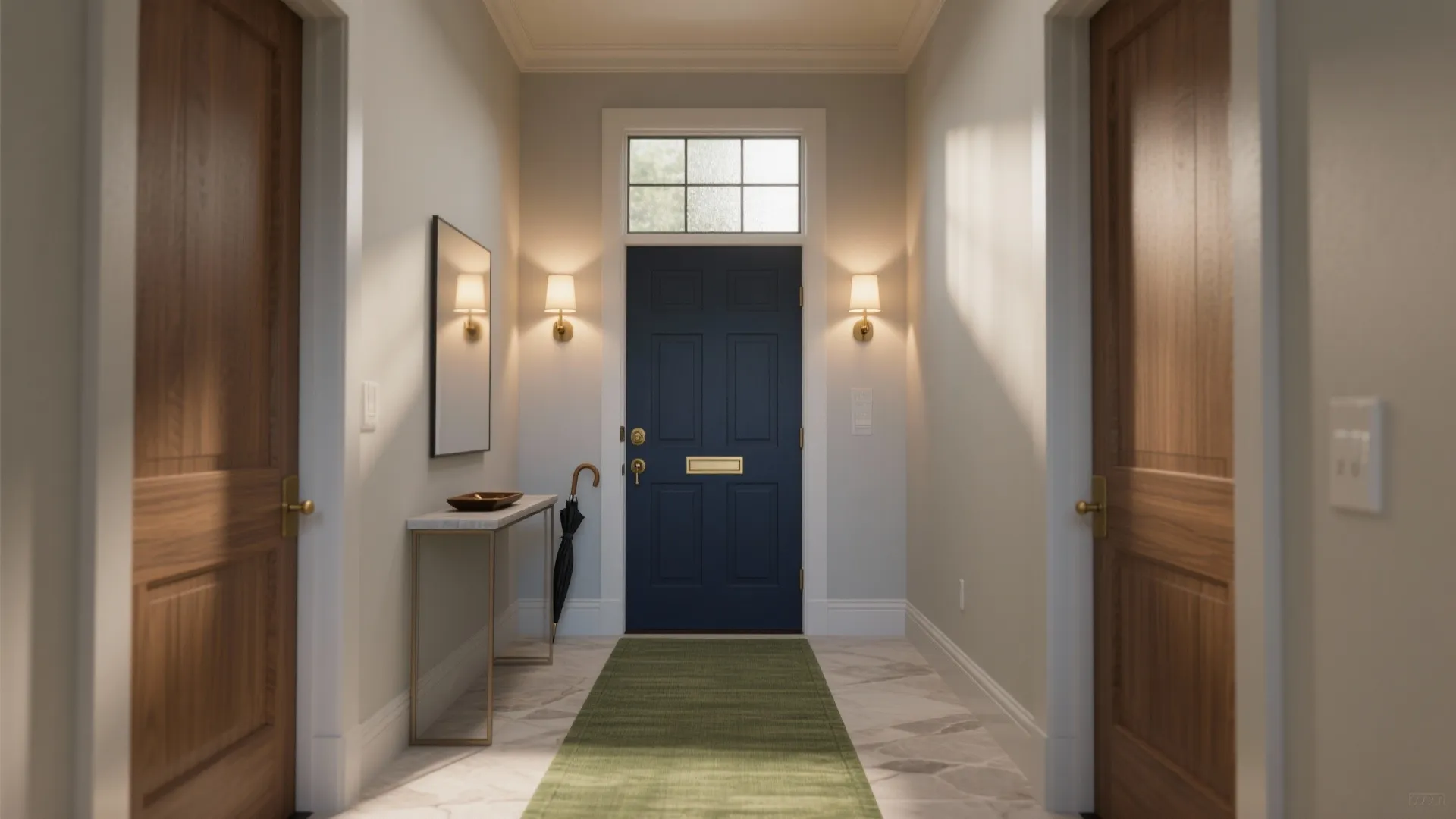 Modern blue front door with wall lights white walls wooden side doors and green rug