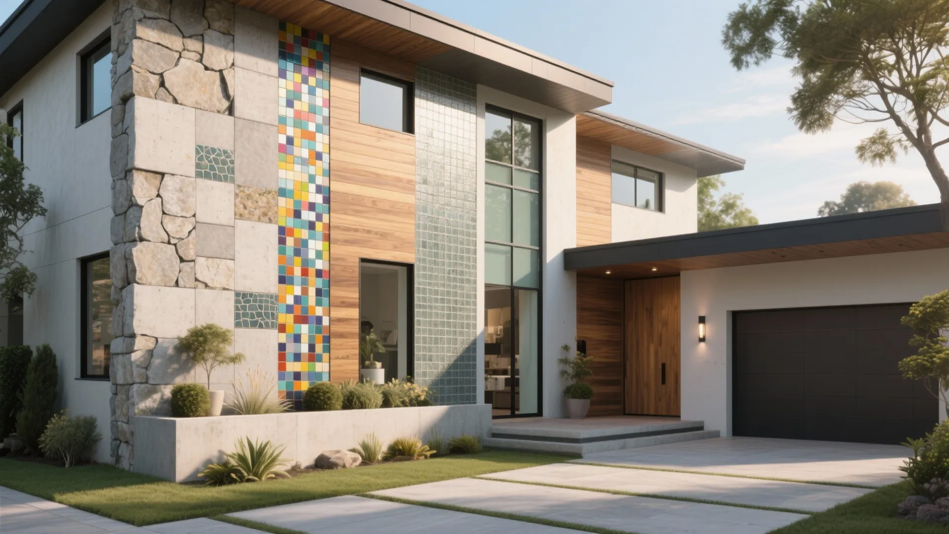 Modern two story house with colorful wall tiles stone details wooden door and dark garage