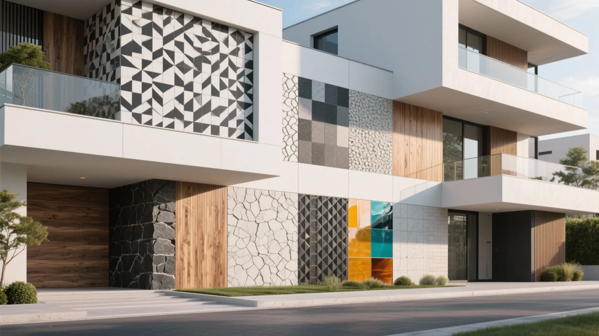 Modern white house showing various wall tile samples including stone wood and black white patterns