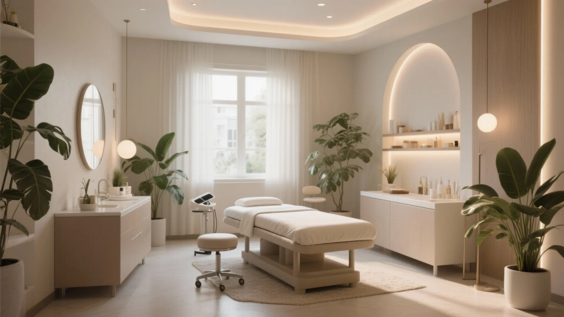 Bright facial treatment room with massage bed green plants cabinets large window and arched wall feature