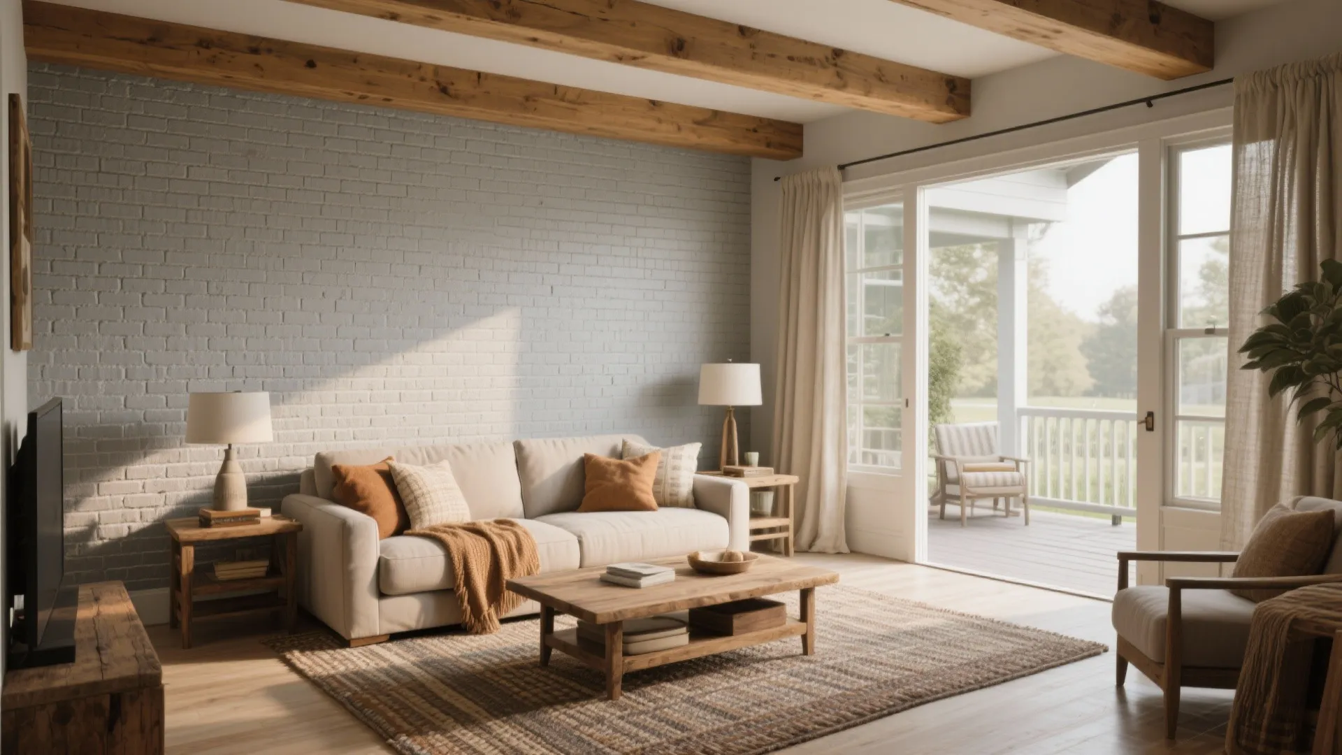 Rustic living room with grey brick wall, wooden ceiling beams, beige sofa, and sliding doors