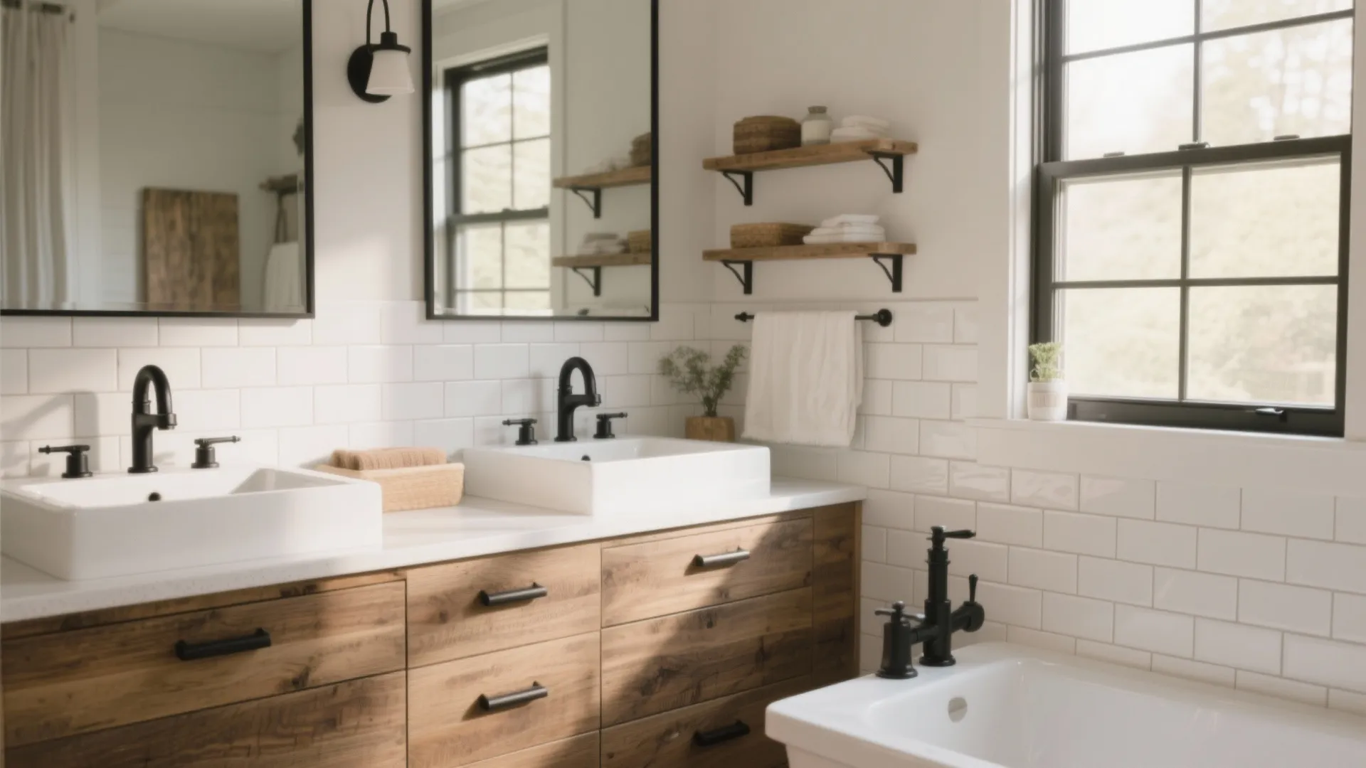 Modern farmhouse bathroom with double sinks wood cabinet black faucets white wall tiles and mirrors