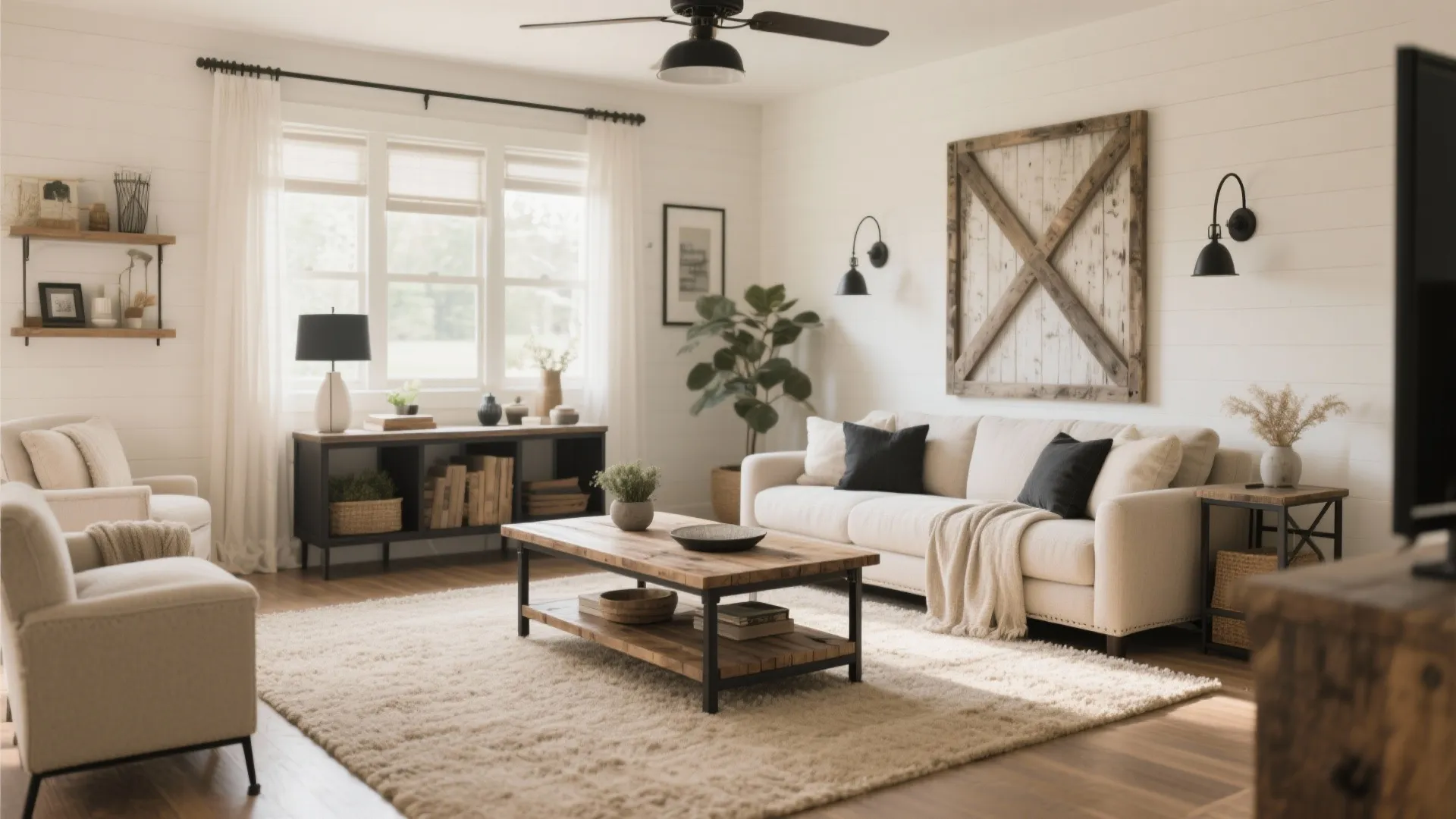 Modern farmhouse living room with white sofa wooden coffee table black wall lights and ceiling fan