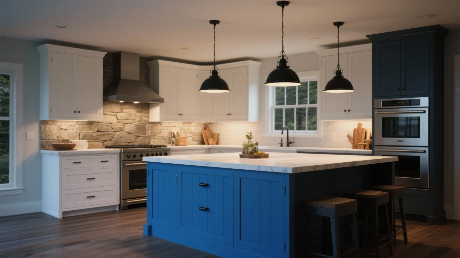 Modern kitchen featuring dark blue island white cabinets stone wall black ceiling lights and floor