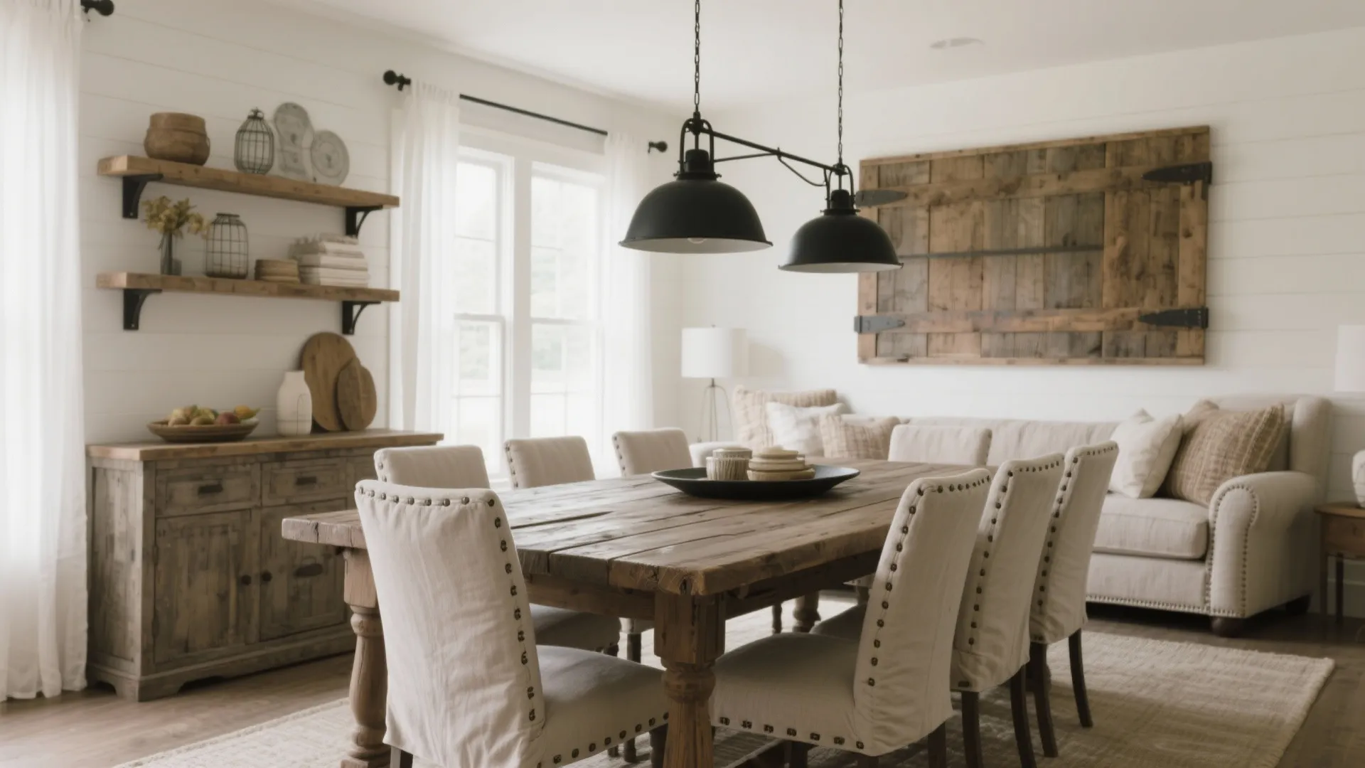 Farmhouse dining room featuring a wooden table, upholstered chairs, black ceiling lights, and wall cabinet