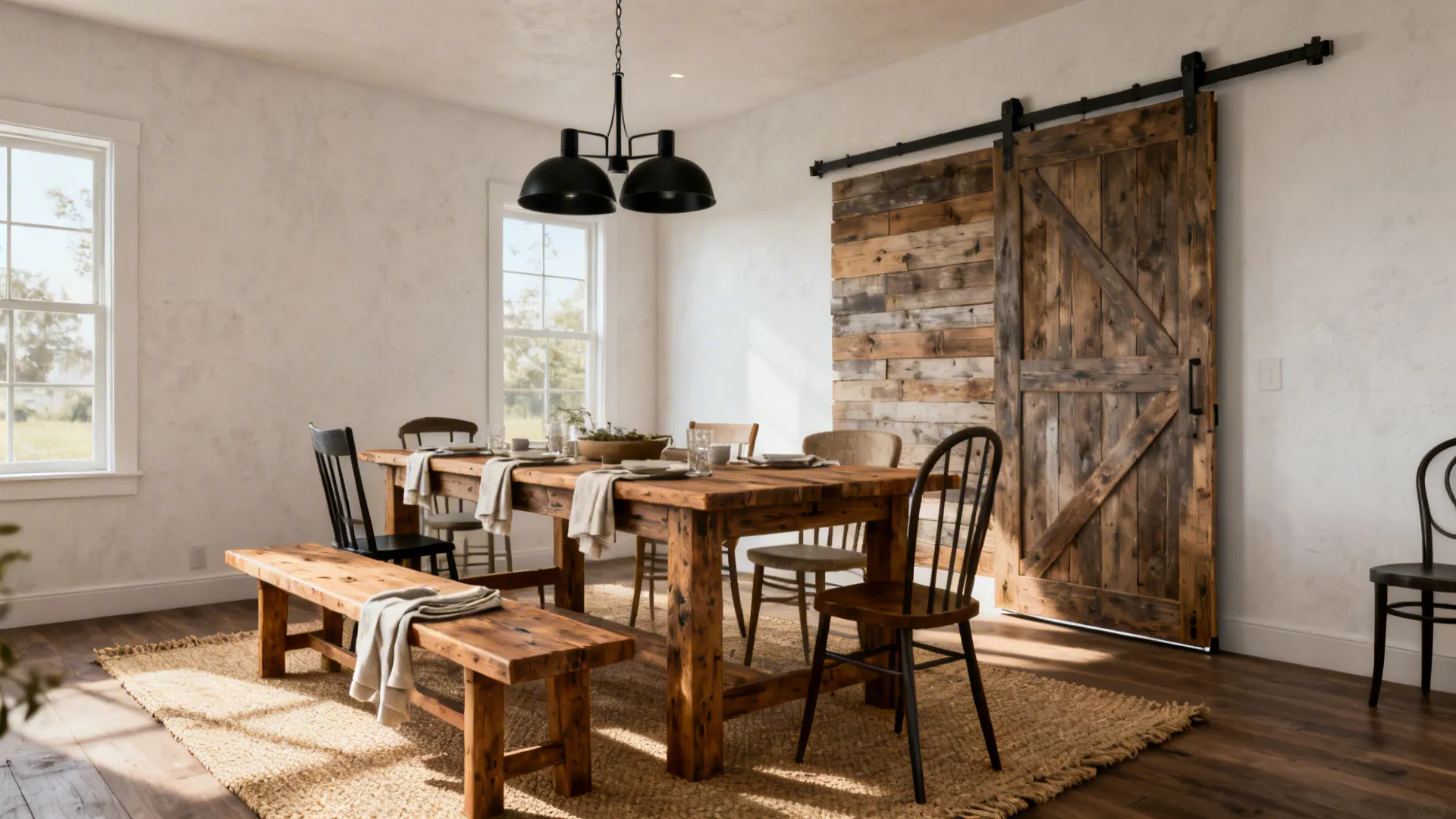 Farmhouse dining room with large wooden table bench black ceiling light and a sliding door