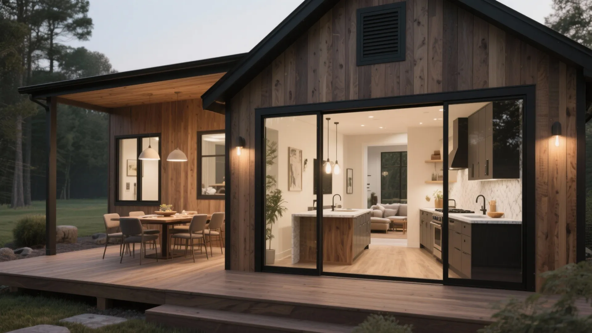 Modern wood house exterior with outdoor dining table and glass doors showing indoor kitchen view