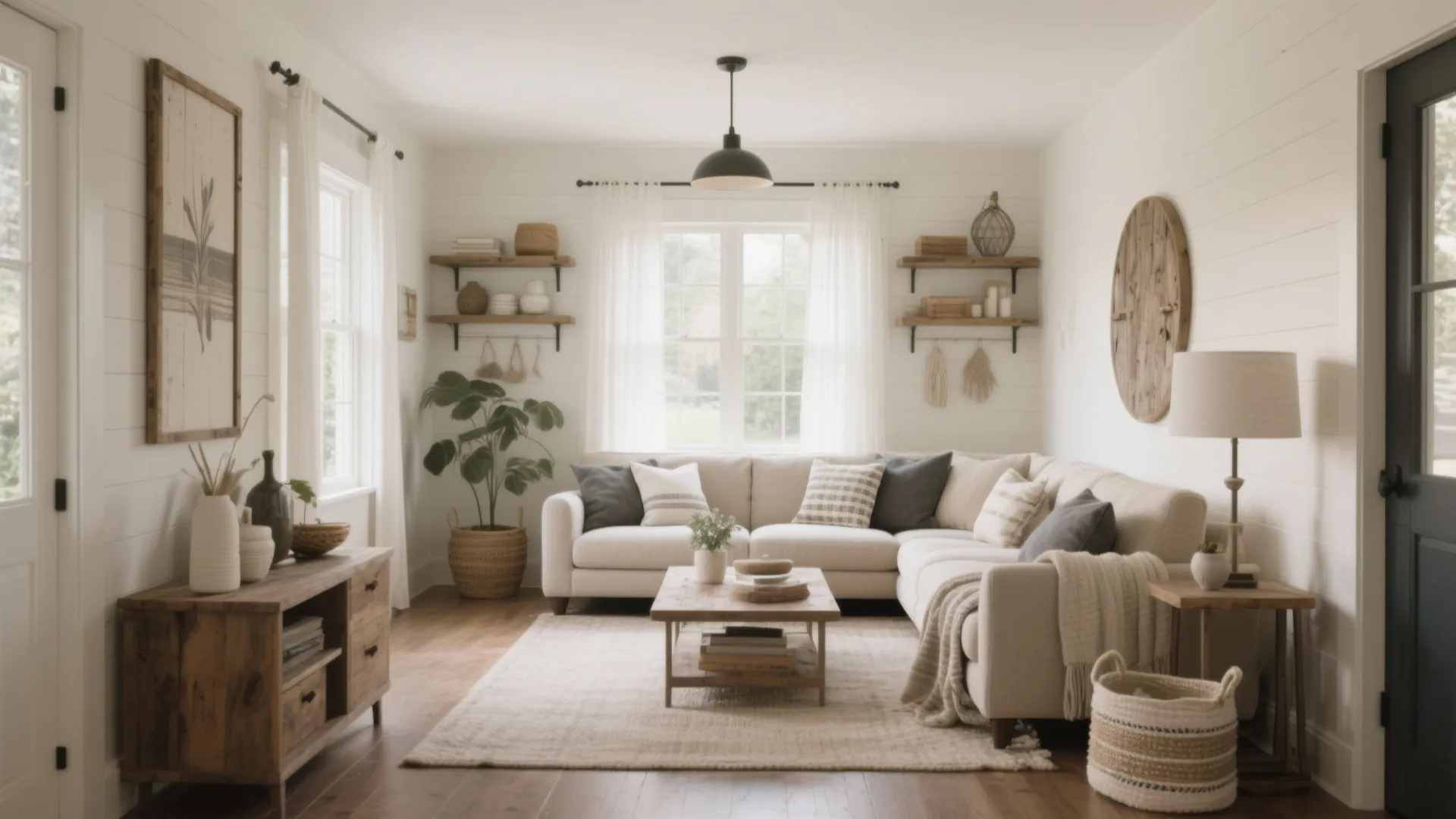 Bright farmhouse living room with white wall paneling cream sofa wooden cabinet and black light