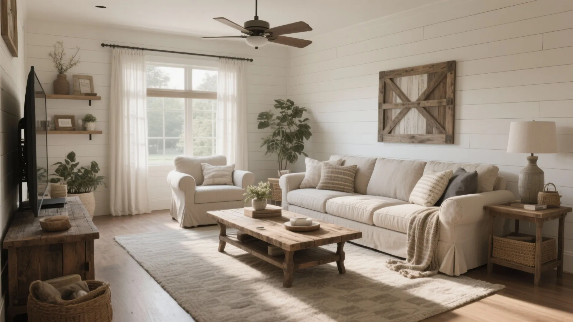 Modern farmhouse living room with white wall panel design beige sofa and a dark ceiling fan