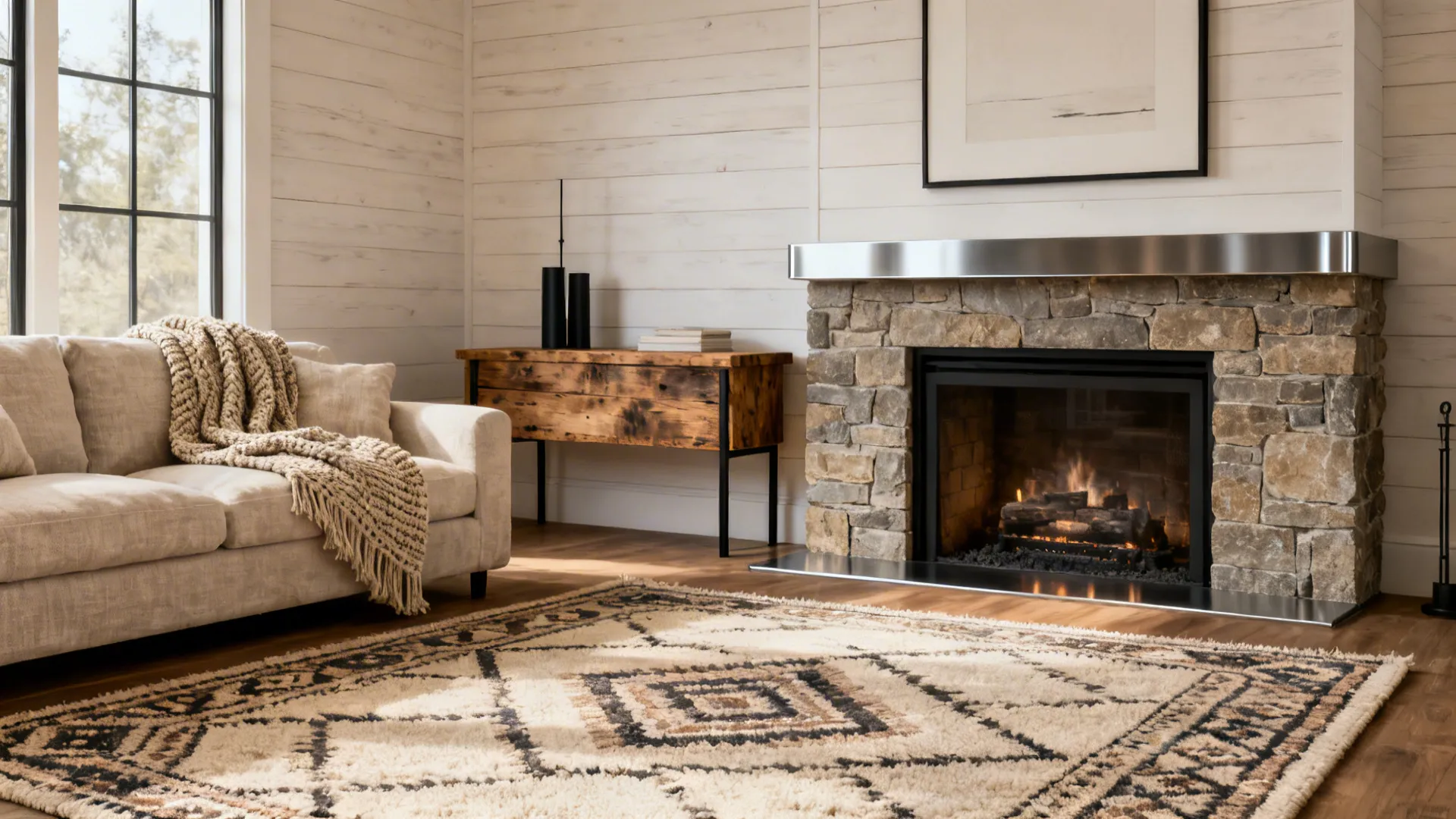 Farmhouse living room with patterned rug, stone fireplace, wooden cabinet, white sofa, and large bright window