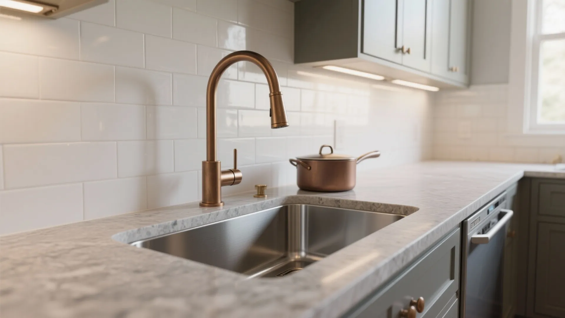 Modern kitchen with bronze water tap over stainless steel sink white wall tiles and cabinets