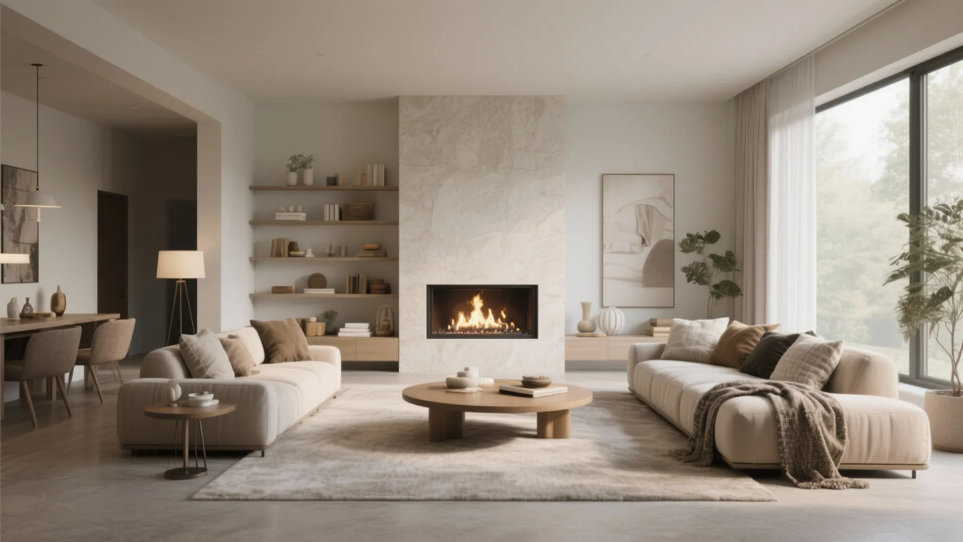 Modern bright living room featuring white sofas and a stone fireplace with a round table