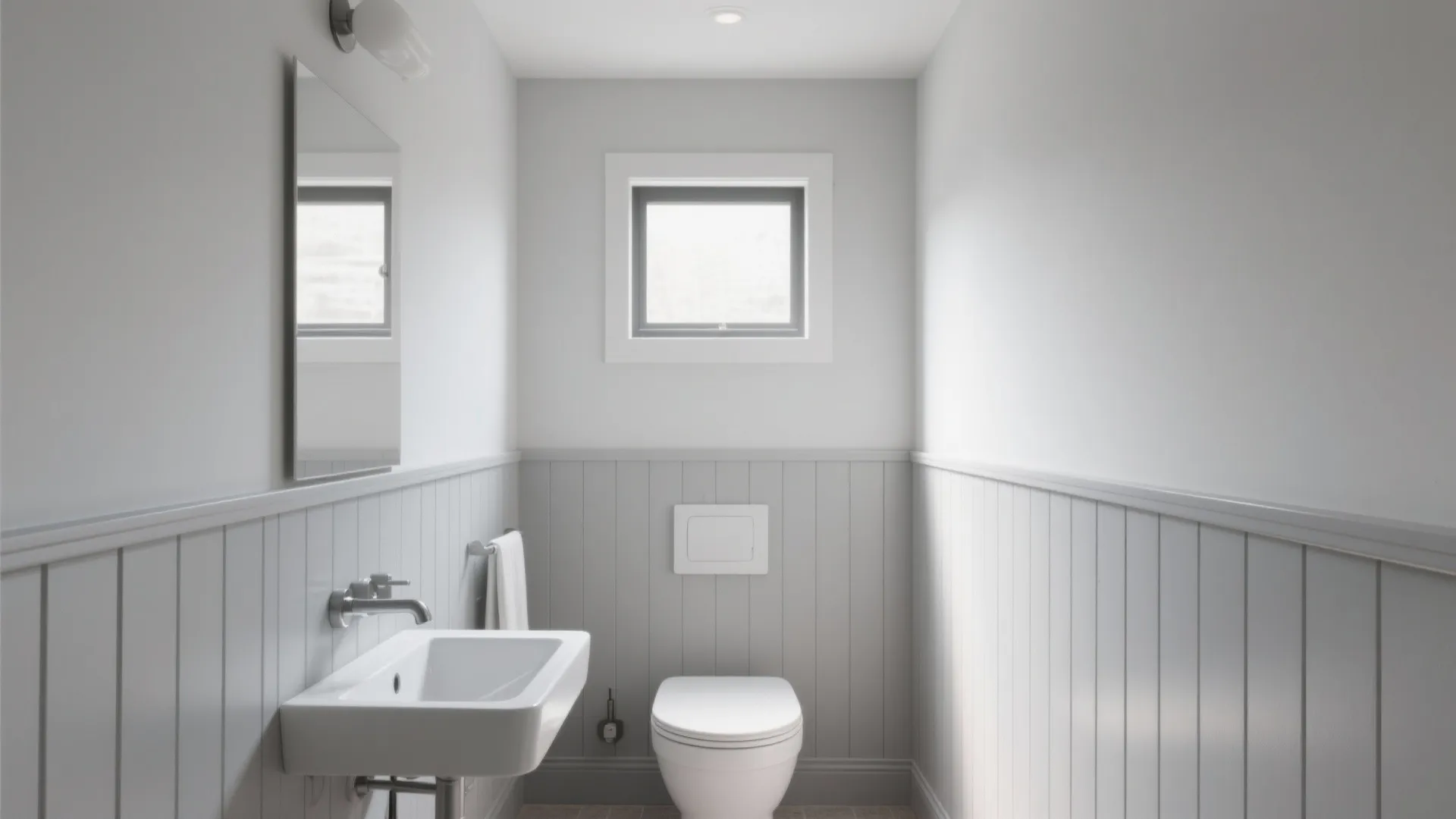 Modern grey bathroom with light wall panel white sink toilet wall light and small roof window