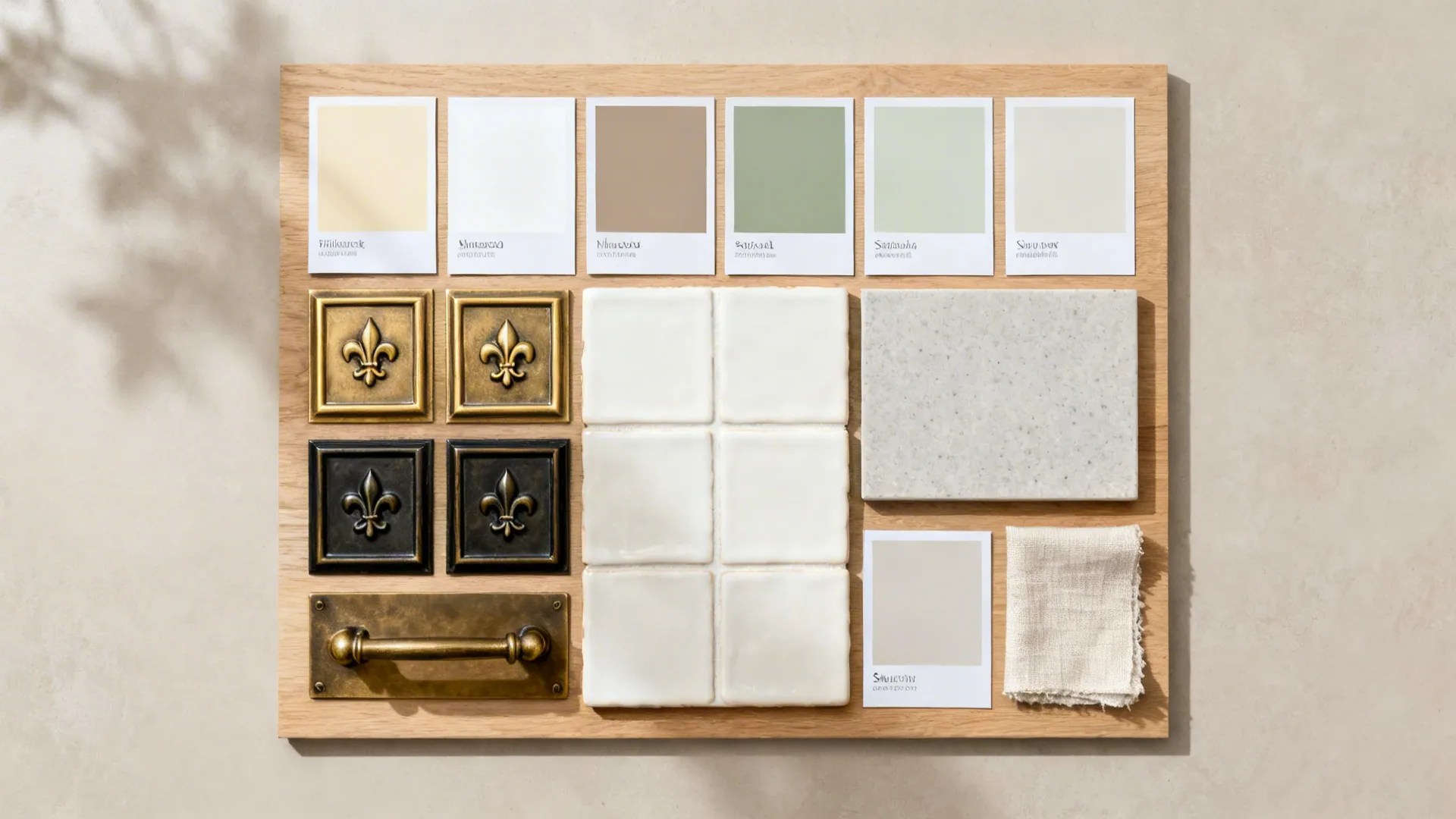 Top-down palette of warm white, mushroom, muted sage with matte brass and bronze hardware and tile swatches.