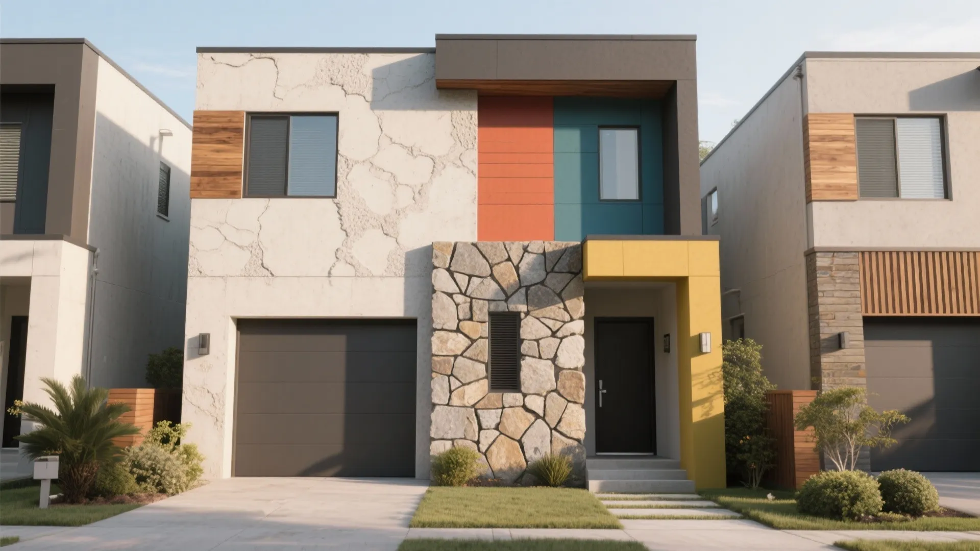 Modern house facade with stone wall colorful panels black garage door and small green garden
