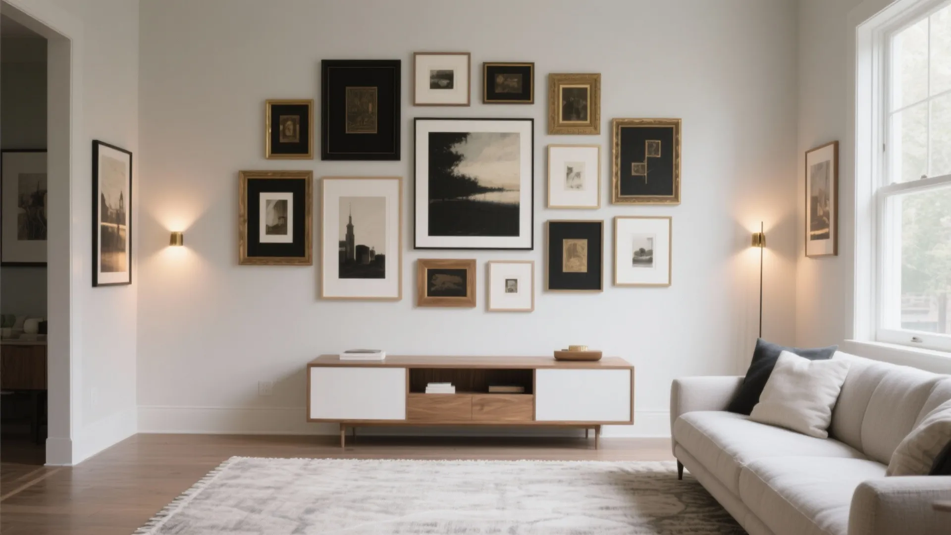 Modern living room showing a gallery wall above a wood cabinet next to a sofa