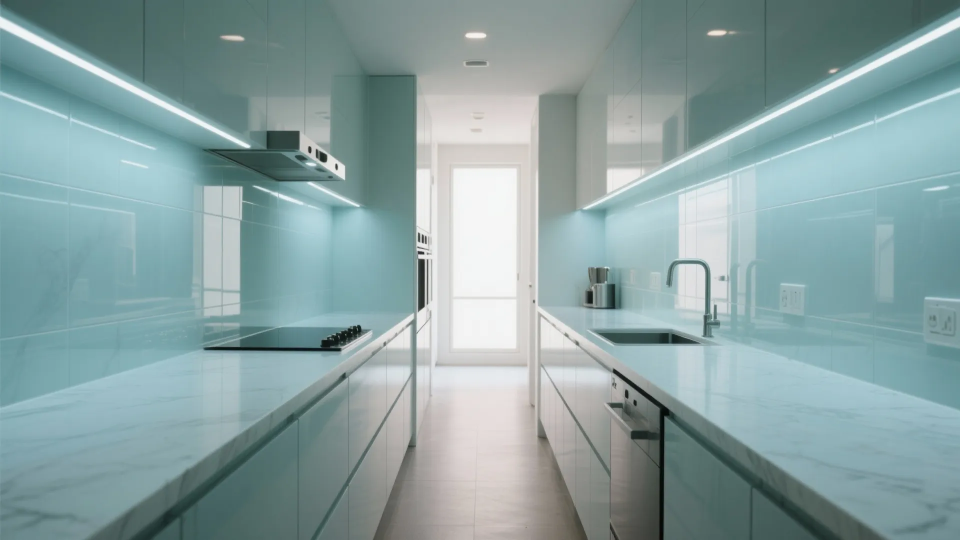 Modern galley kitchen with light blue wall tiles white glossy cabinets marble countertops and lighting