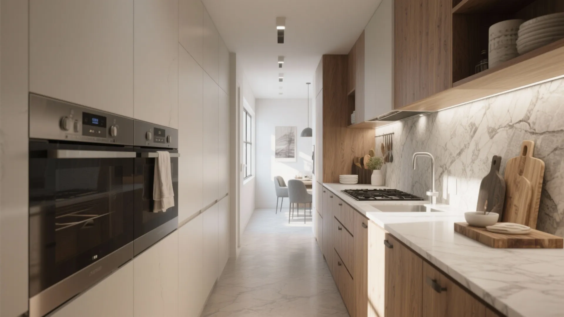 Modern long kitchen with wood cabinets marble wall panel double oven and ceiling light fixtures