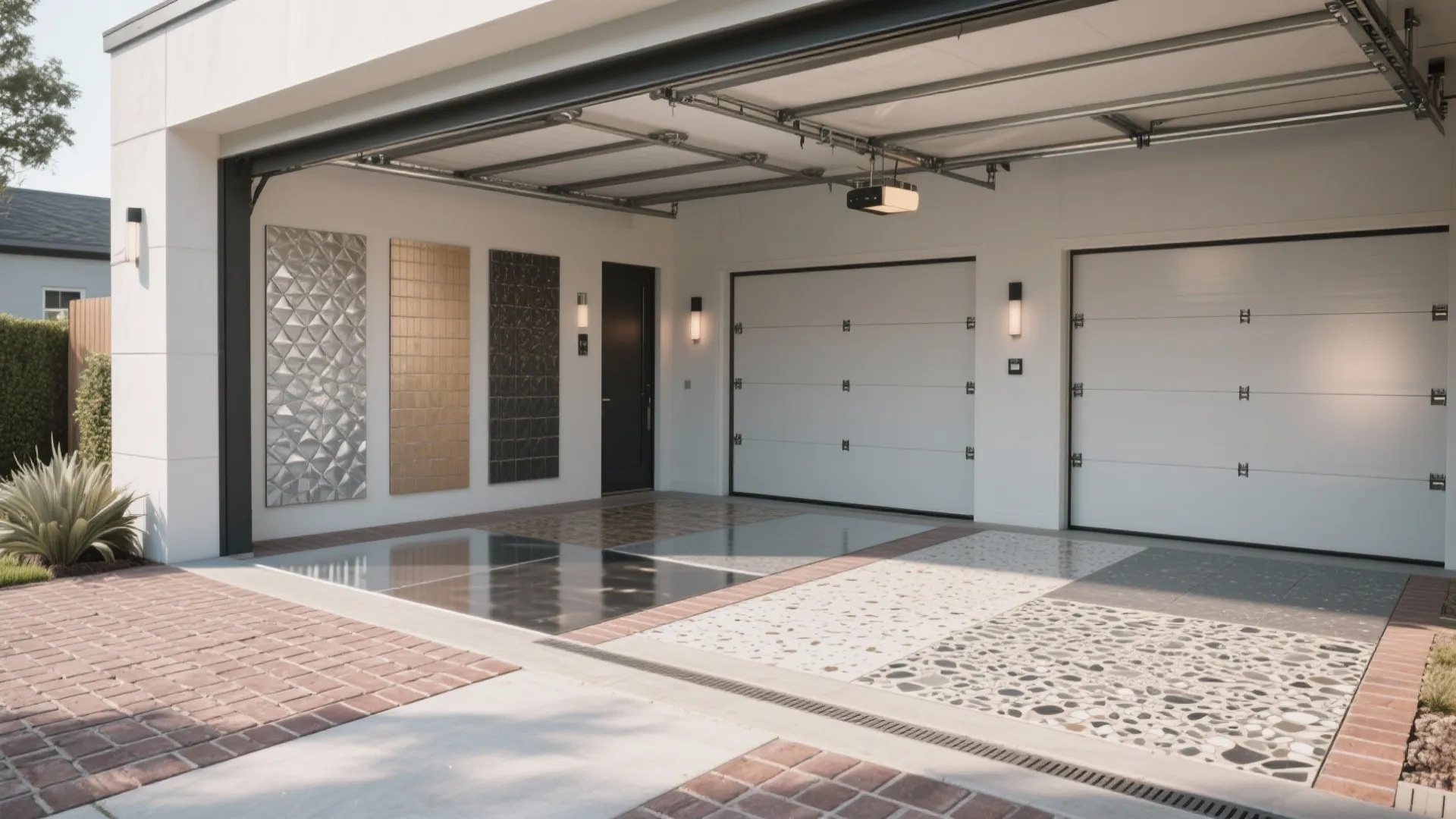 Modern white garage exterior showing different floor tile samples and wall panels under open door