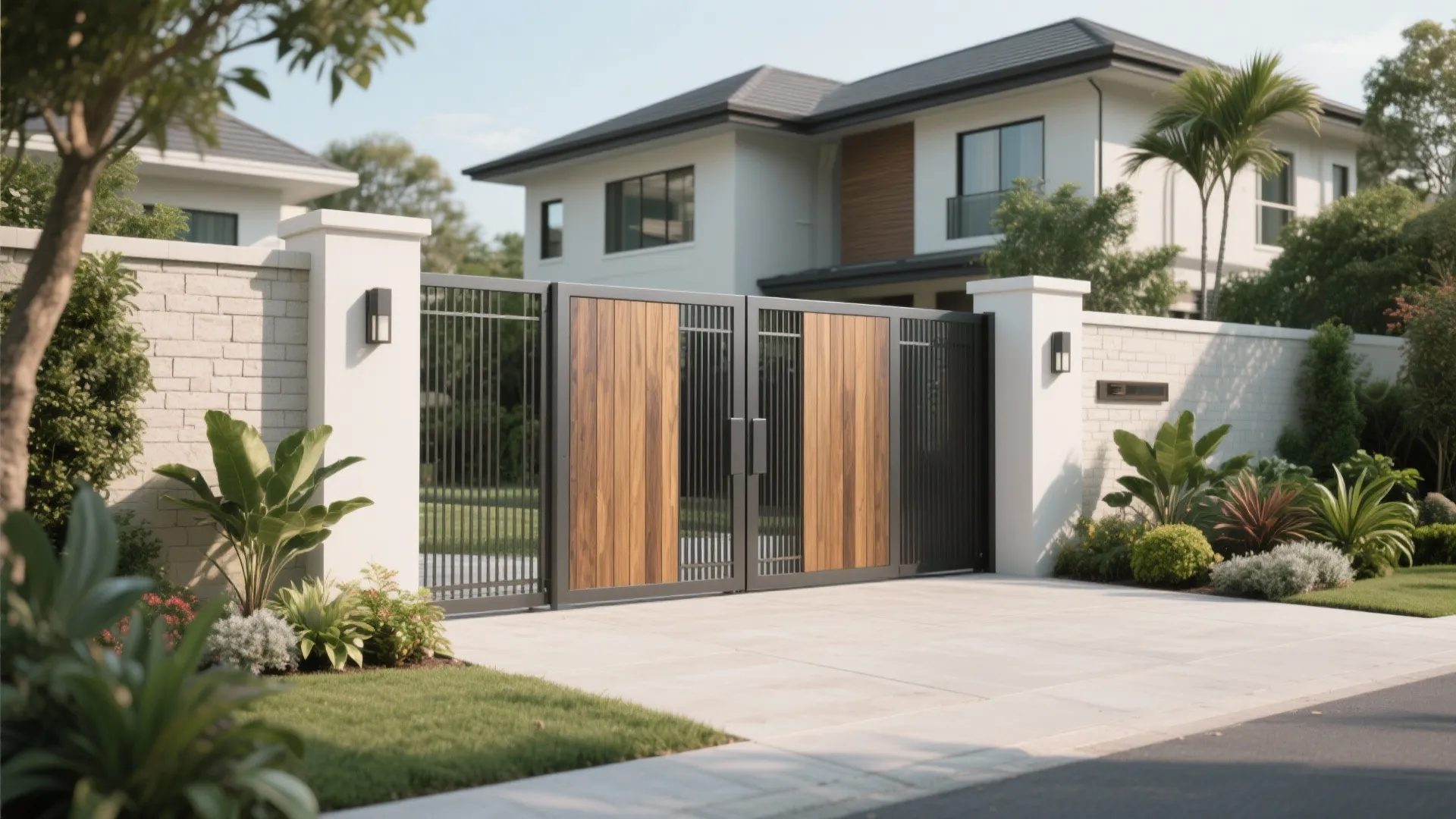 Modern black metal and wood driveway gate at the entrance of a luxury white two-story house